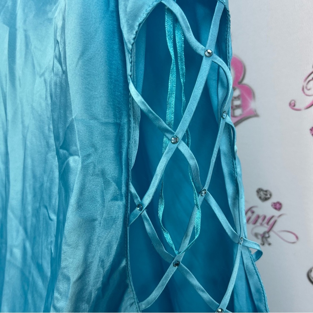 La SENZA dress lace up corset sides rhinestones shiny Turquoise Satin Chemise - Picture 6 of 8
